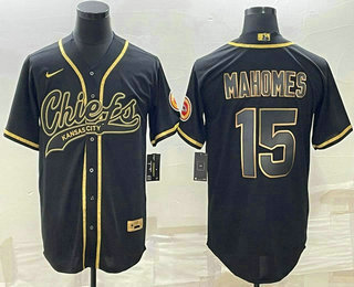 Men's Kansas City Chiefs #15 Patrick Mahomes Black Gold With Patch Cool Base Stitched Baseball Jersey