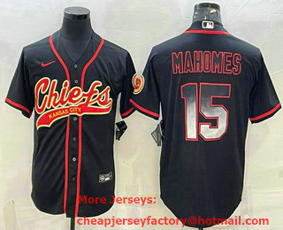 Men's Kansas City Chiefs #15 Patrick Mahomes Black Gold With Patch Smoke Cool Base Stitched Baseball Jersey