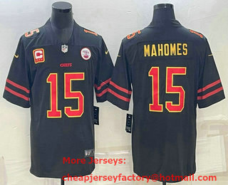 Men's Kansas City Chiefs #15 Patrick Mahomes Black Red Gold C Patch Vapor Untouchable Limited Stitched Jersey