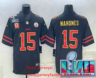 Men's Kansas City Chiefs #15 Patrick Mahomes Black Red Gold Super Bowl LVII Patch Vapor Untouchable Limited Stitched Jersey