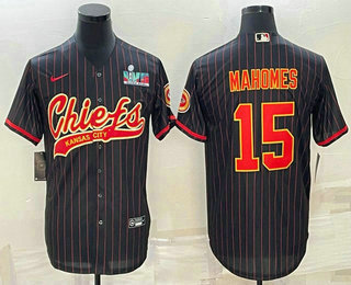 Men's Kansas City Chiefs #15 Patrick Mahomes Black With Super Bowl LVII Patch Cool Base Stitched Baseball Jersey