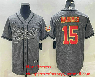 Men's Kansas City Chiefs #15 Patrick Mahomes Grey Gridiron With Patch Cool Base Stitched Baseball Jersey