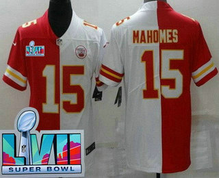Men's Kansas City Chiefs #15 Patrick Mahomes II Limited Red White Split Super Bowl LVII Vapor Jersey
