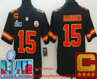 Men's Kansas City Chiefs #15 Patrick Mahomes Limited Black C Patch Super Bowl LVII Vapor Jersey