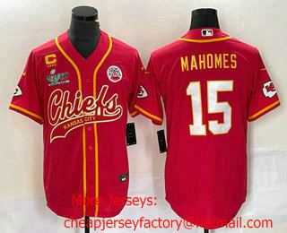 Men's Kansas City Chiefs #15 Patrick Mahomes Red Gold C Patch Cool Base Stitched Baseball Jersey