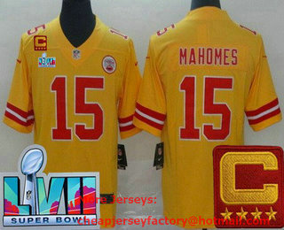 Men's Kansas City Chiefs #15 Patrick Mahomes Limited Yellow Inverted C Patch Super Bowl LVII Vapor Jersey