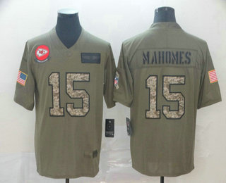 Men's Kansas City Chiefs #15 Patrick Mahomes Olive Camo 2019 Salute To Service Stitched NFL Nike Limited Jersey