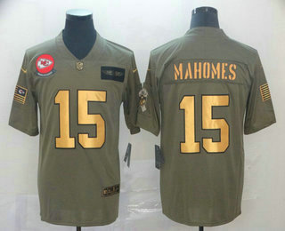 Men's Kansas City Chiefs #15 Patrick Mahomes Olive Gold 2019 Salute To Service Stitched NFL Nike Limited Jersey