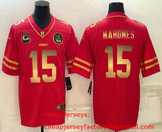 Men's Kansas City Chiefs #15 Patrick Mahomes Red Gold C Patch Vapor Untouchable Limited Stitched Jersey