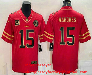 Men's Kansas City Chiefs #15 Patrick Mahomes Red Gold With C Patch Stitched Football Jersey