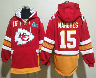 Men's Kansas City Chiefs #15 Patrick Mahomes Super Bowl LVII Patch Red Pocket Stitched Pullover Hoodie