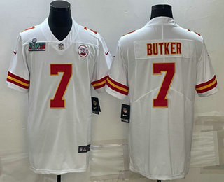 Men's Kansas City Chiefs #7 Harrison Butker White Super Bowl LVII Patch Vapor Untouchable Limited Stitched Jersey