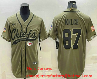Men's Kansas City Chiefs #87 Travis Kelce 2022 Olive Salute to Service Cool Base Stitched Baseball Jersey