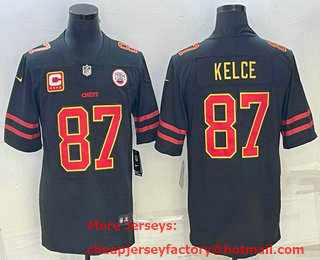 Men's Kansas City Chiefs #87 Travis Kelce Black Red Gold C Patch Vapor Untouchable Limited Stitched Jersey