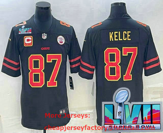 Men's Kansas City Chiefs #87 Travis Kelce Black Red Gold Super Bowl LVII Patch Vapor Untouchable Limited Stitched Jersey