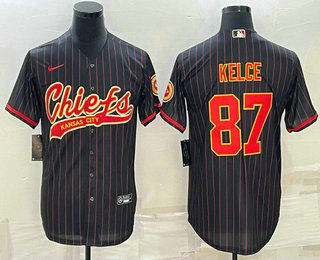 Men's Kansas City Chiefs #87 Travis Kelce Black With Patch Cool Base Stitched Baseball Jersey