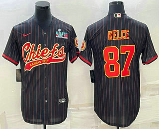 Men's Kansas City Chiefs #87 Travis Kelce Black With Super Bowl LVII Patch Cool Base Stitched Baseball Jersey