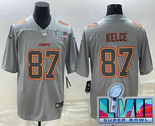 Men's Kansas City Chiefs #87 Travis Kelce Gray Super Bowl LVII Patch Atmosphere Fashion Stitched Jersey