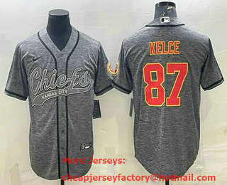 Men's Kansas City Chiefs #87 Travis Kelce Grey Gridiron With Patch Cool Base Stitched Baseball Jersey