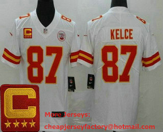 Men's Kansas City Chiefs #87 Travis Kelce Limited White 2022 Captain Patch Vapor Jersey