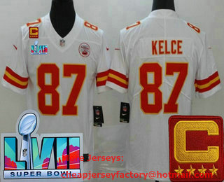 Men's Kansas City Chiefs #87 Travis Kelce Limited White C Patch Super Bowl LVII Vapor Jersey
