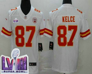 Men's Kansas City Chiefs #87 Travis Kelce Limited White LVIII Super Bowl Vapor Jersey