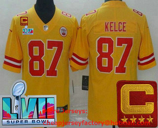 Men's Kansas City Chiefs #87 Travis Kelce Limited Yellow Inverted C Patch Super Bowl LVII Vapor Jersey