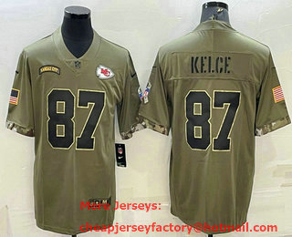 Men's Kansas City Chiefs #87 Travis Kelce Olive 2022 Salute To Service Limited Stitched Jersey