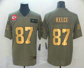 Men's Kansas City Chiefs #87 Travis Kelce Olive Gold 2019 Salute To Service Stitched NFL Nike Limited Jersey