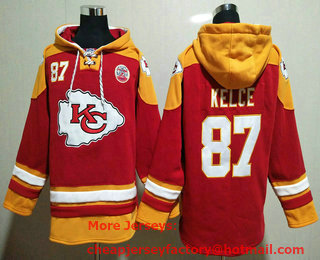 Men's Kansas City Chiefs #87 Travis Kelce Red Ageless Must Have Lace Up Pullover Hoodie