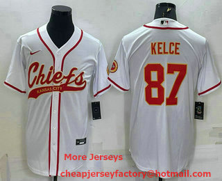 Men's Kansas City Chiefs #87 Travis Kelce White With Patch Cool Base Stitched Baseball Jersey