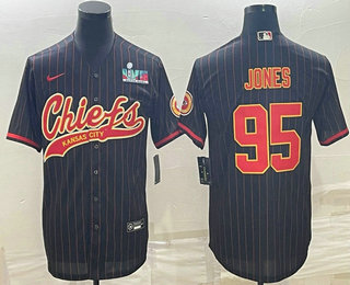 Men's Kansas City Chiefs #95 Chris Jones Black Pinstripe With Super Bowl LVII Patch Cool Base Stitched Baseball Jersey