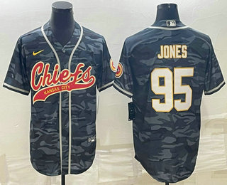 Men's Kansas City Chiefs #95 Chris Jones Grey Camo With Patch Cool Base Stitched Baseball Jersey