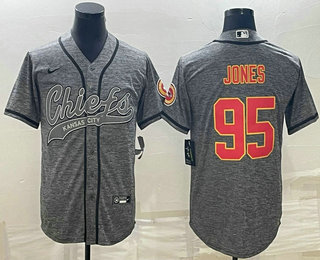 Men's Kansas City Chiefs #95 Chris Jones Grey With Patch Cool Base Stitched Baseball Jersey