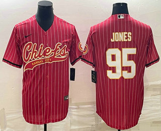 Men's Kansas City Chiefs #95 Chris Jones Red Pinstripe With Patch Cool Base Stitched Baseball Jersey