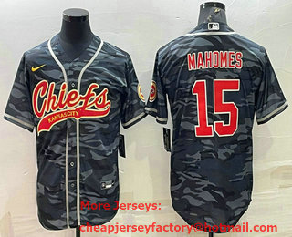 Men's Kansas City Chiefs Blank #15 Patrick Mahomes Grey Navy Camo With Patch Cool Base Stitched Baseball Jersey
