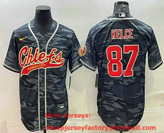 Men's Kansas City Chiefs Blank #87 Travis Kelce Grey Navy Camo With Patch Cool Base Stitched Baseball Jersey