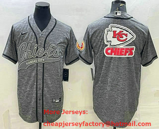Men's Kansas City Chiefs Grey Gridiron Team Big Logo With Patch Cool Base Stitched Baseball Jersey