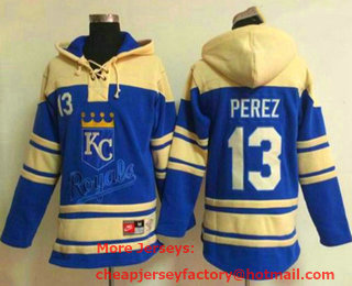 Men's Kansas City Royals #13 Salvador Perez Ageless Must Have Lace Up Pullover Hoodie