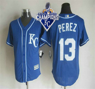 Men's Kansas City Royals #13 Salvador Perez Alternate Blue KC 2015 MLB Cool Base Jersey With 2015 World Series Champions Patch