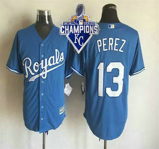 Men's Kansas City Royals #13 Salvador Perez Alternate Light Blue 2015 MLB Cool Base Jersey With 2015 World Series Champions Patch