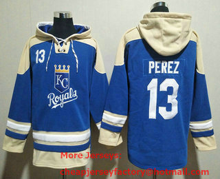 Men's Kansas City Royals #13 Salvador Perez Blue Ageless Must Have Lace Up Pullover Hoodie