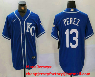 Men's Kansas City Royals #13 Salvador Perez Blue KC Cool Base Stitched Jersey