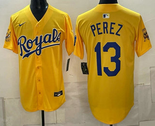 Men's Kansas City Royals #13 Salvador Perez Gold Sluggerrr Patch Vapor Limited Stitched Jersey