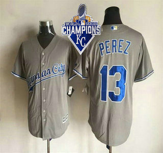 Men's Kansas City Royals #13 Salvador Perez Gray Road 2015 MLB Cool Base Jersey With 2015 World Series Champions Patch