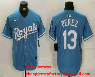 Men's Kansas City Royals #13 Salvador Perez Light Blue Cool Base Stitched Jersey