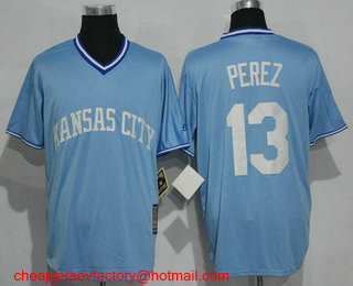 Men's Kansas City Royals #13 Salvador Perez Light Blue Pullover Cool Base Cooperstown Collection Jersey