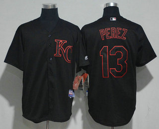 Men's Kansas City Royals #13 Salvador Perez Lights Out Black Pinstripe Stitched MLB Cool Base Jersey