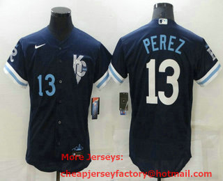 Men's Kansas City Royals #13 Salvador Perez Number 2022 Navy Blue City Connect Flex Base Stitched Jersey