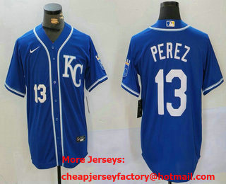 Men's Kansas City Royals #13 Salvador Perez Number Blue KC Cool Base Stitched Jersey